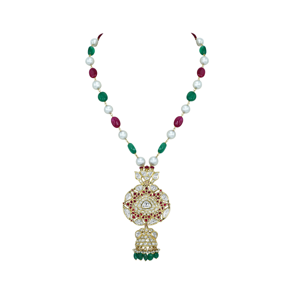 Green and Red Stone Necklace with Pearls and Polki Pendant